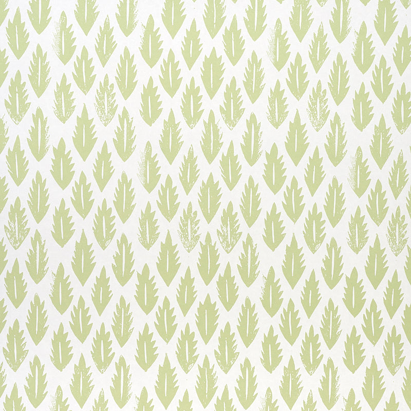 Leaf pattern wallpaper in grass green by Molly Mahon for Schumacher, shown in a styled interior and close-up views.