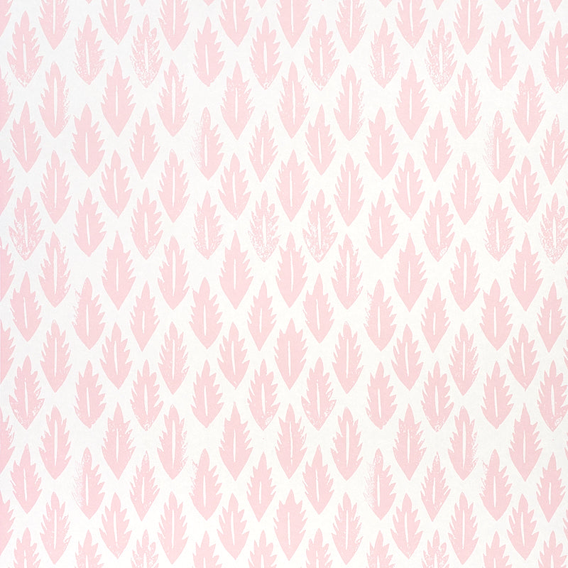 Pink leaf pattern wallpaper by Molly Mahon for Schumacher, hand block print style, shown in a bedroom setting.