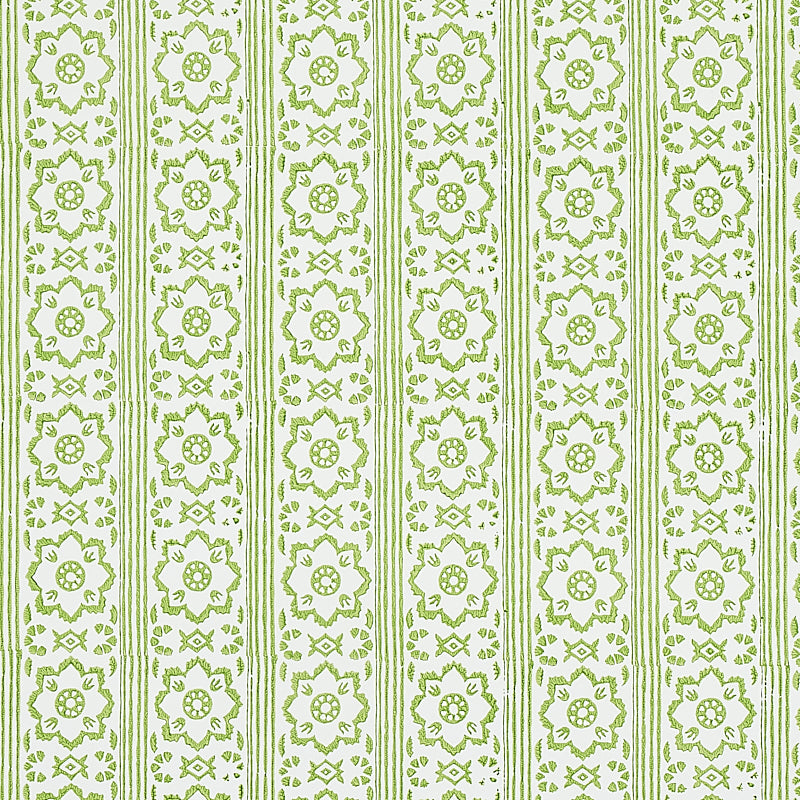 Sunda Hand Blocked Print wallpaper in Leaf by Schumacher, a green and white geometric floral block print pattern shown in a kitchen interior.