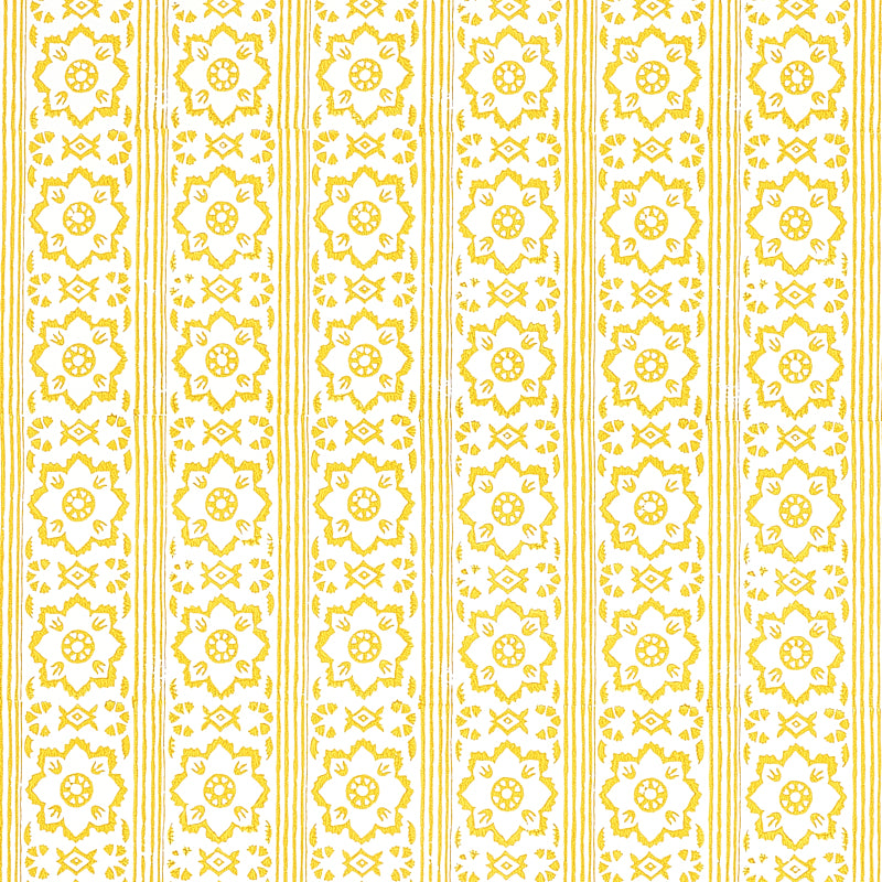 Sunda Hand Blocked Print wallpaper in yellow, featuring a geometric medallion and stripe pattern, handprinted for depth and dimension.