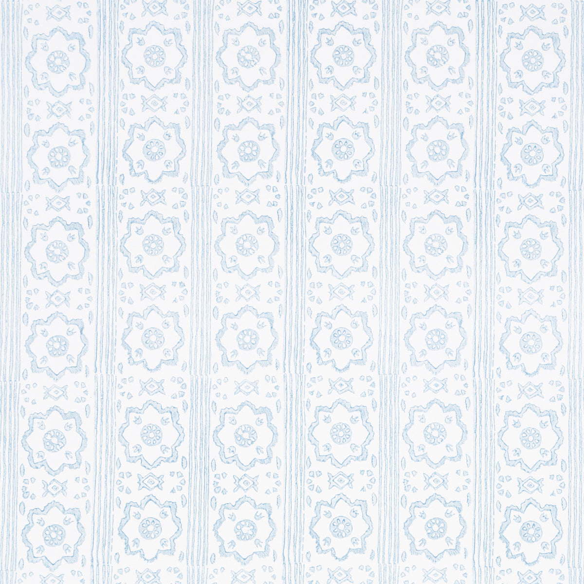 Sunda Hand Blocked Print wallpaper in Sky by Schumacher, featuring a soft geometric pattern with stripes and medallions in blue and white.