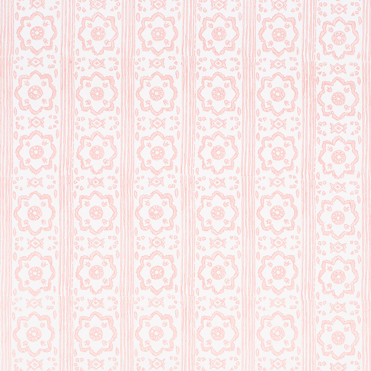 Sunda Hand Blocked Print wallpaper in blush by Schumacher, featuring a soft geometric pattern with stripes and medallions, handprinted for depth and dimension.