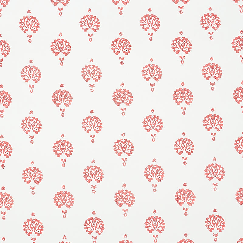 Dahlia Hand Blocked Print wallpaper in red, featuring a traditional floral motif hand printed with block printing technique, shown in a bathroom setting.