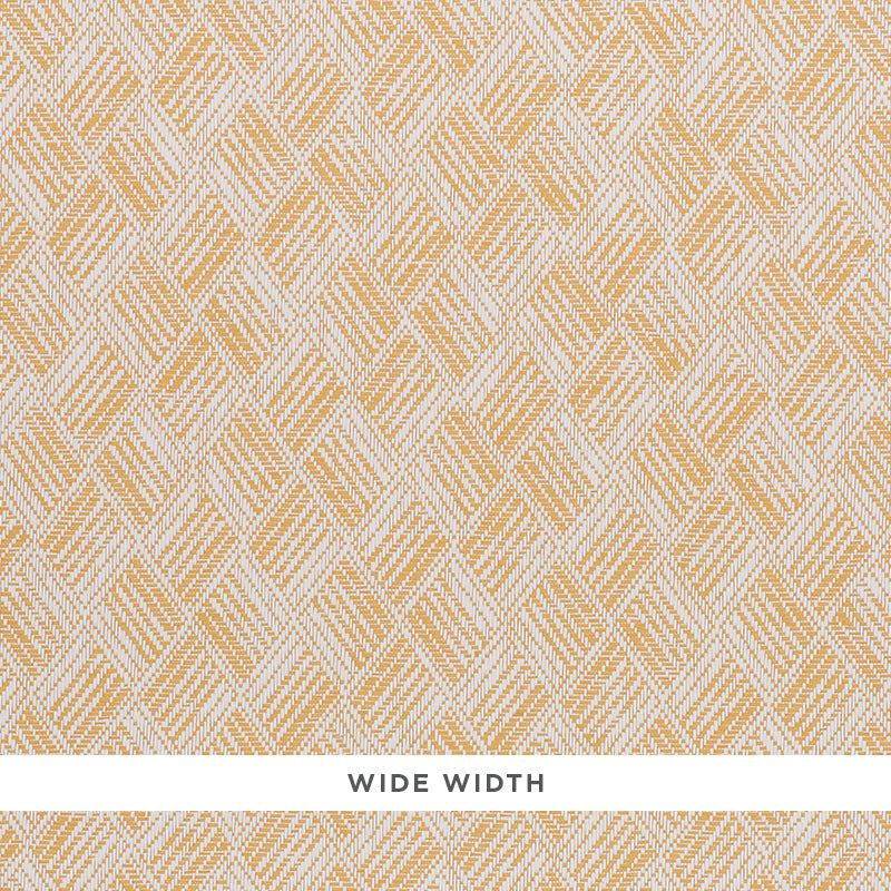 Ashberg Paperweave yellow basketweave textured wallpaper by Schumacher, shown in close-up and room setting.
