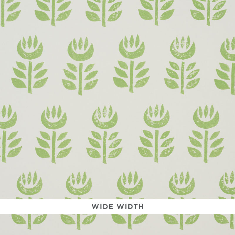 Rosenborg green stylized tulip Scandinavian modern wallpaper by Schumacher, wide width, hand block print look