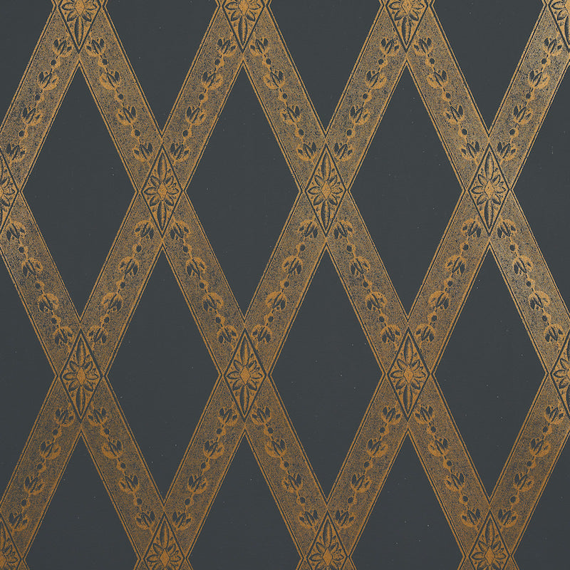 LES LOSANGES TOILE Gold on Black Trellis Wallpaper by Jill Lasersohn – Schumacher 5011362