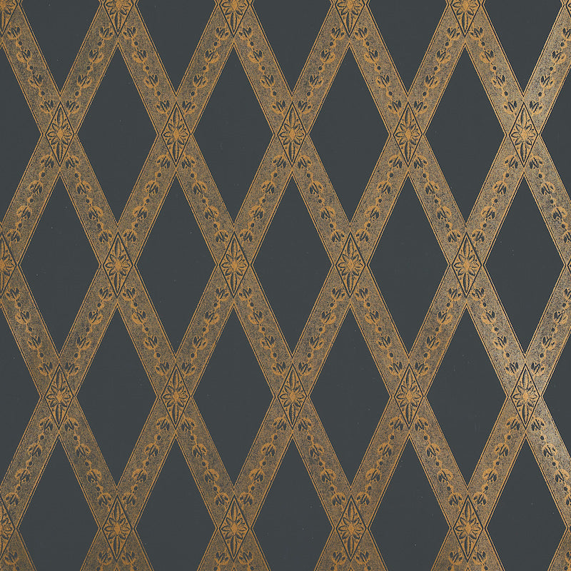 LES LOSANGES TOILE wallpaper in gold on black, featuring a trellis and lozenge motif inspired by antique etchings, designed by Jill Lasersohn for Schumacher.