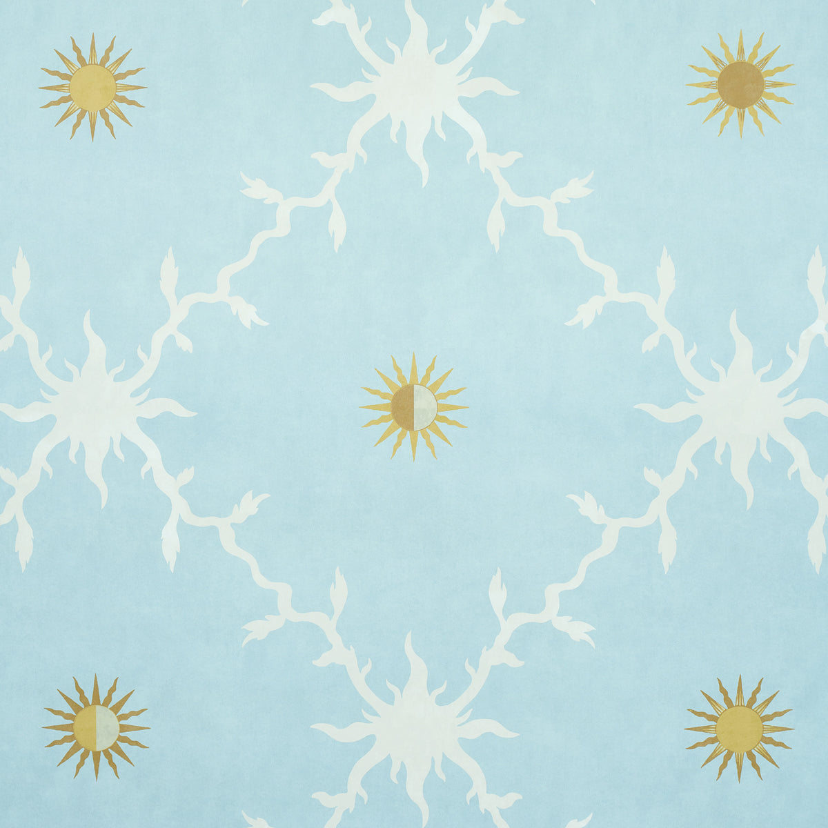 Palladio Trellis Sky by Schumacher - stylized trellis wallpaper with sun motif in blue and gold