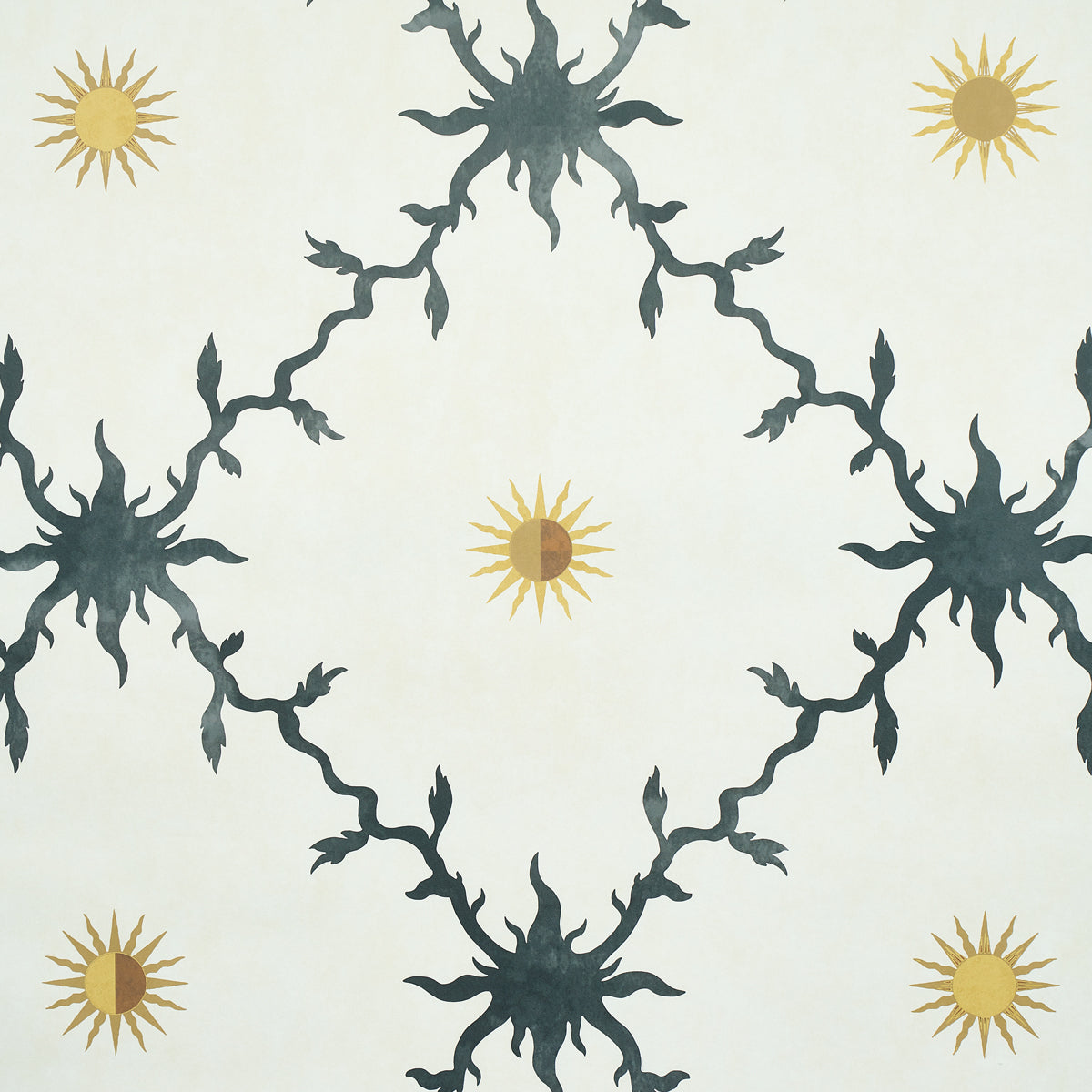 Palladio Trellis wallpaper by Schumacher featuring a stylized trellis and sun motif in black and gold on a light background.