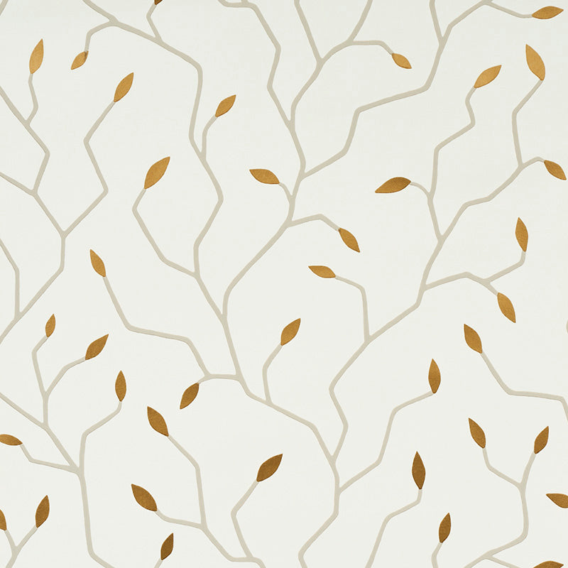 Cymbeline Ivory & Gold botanical branch and leaf motif wallpaper by Schumacher, shown in a styled interior and close-up views.