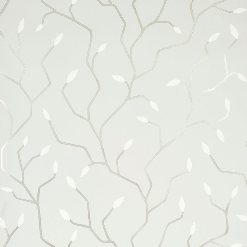 Cymbeline Silver botanical branch and leaf motif wallpaper by Schumacher, modern surface print wallcovering.