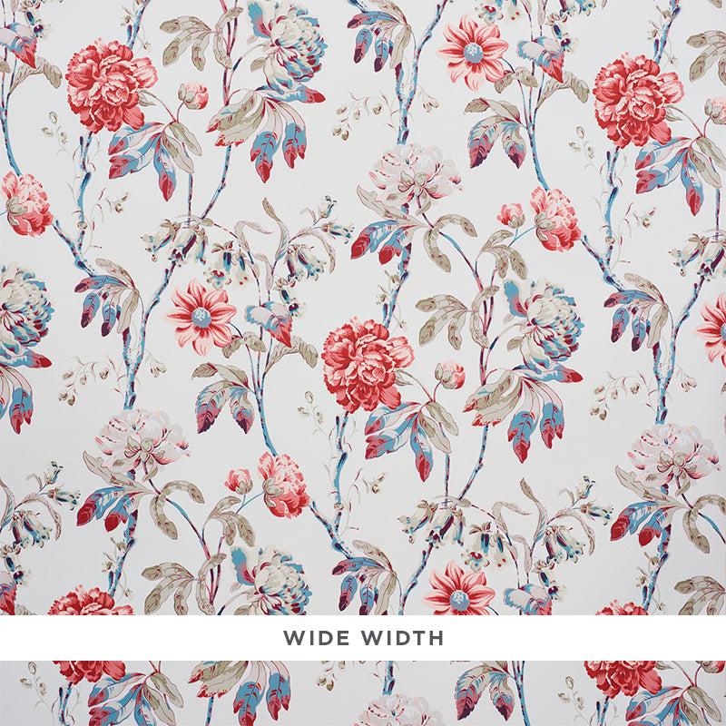 DAYDREAM Rose by Schumacher - Signature peony floral wallpaper in pink, red, and blue on a white ground