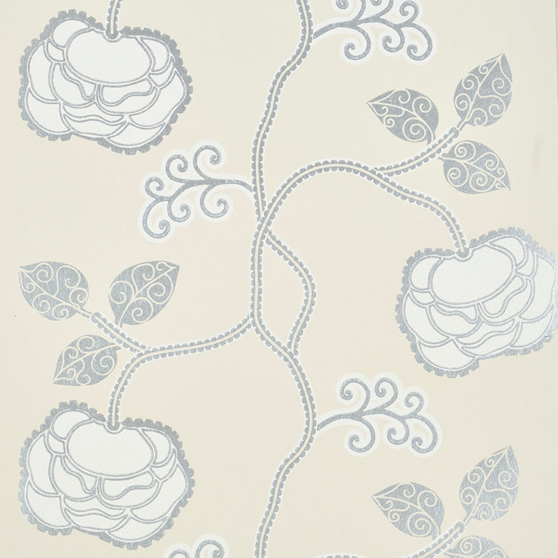 Queen Fruit wallpaper in Silver White by Neisha Crosland for Schumacher, featuring stylized blossoms and curlicued leaves in a botanical pattern.