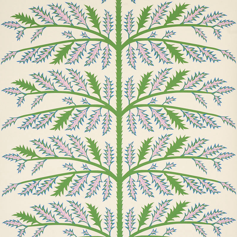 Thistle wallpaper in ivory by Neisha Crosland for Schumacher, featuring a bold botanical thistle motif in green and lavender on a textured ivory background.