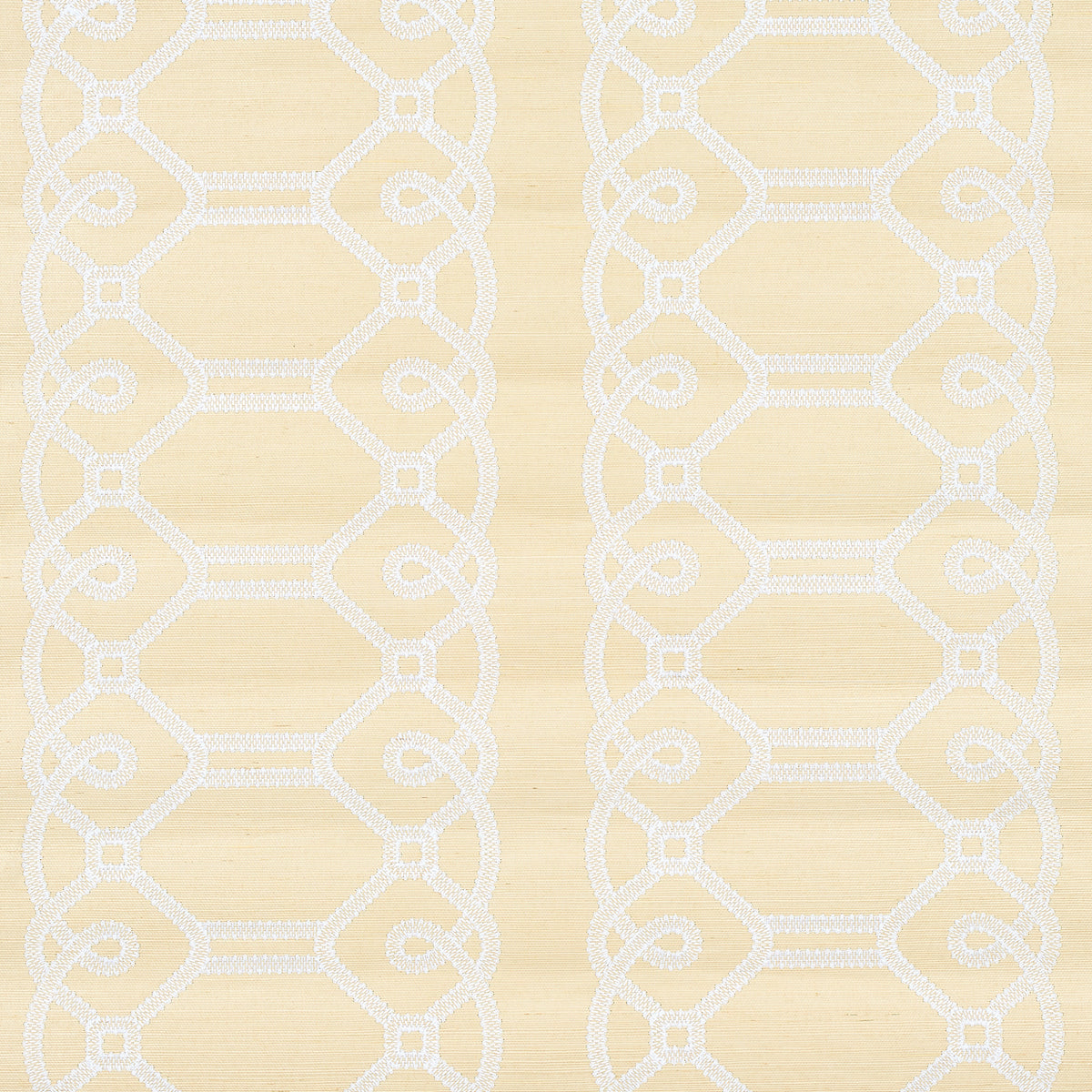 ZIZ Embroidered Sisal wallpaper in a neutral colorway with a trellis stripe pattern, shown in a modern bedroom interior.