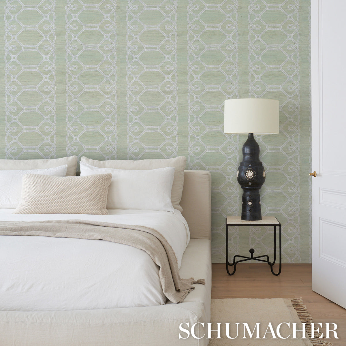 ZIZ Embroidered Sisal Mineral by Schumacher Embroidered Trellis Stripe Wallpaper – Schumacher 5011472