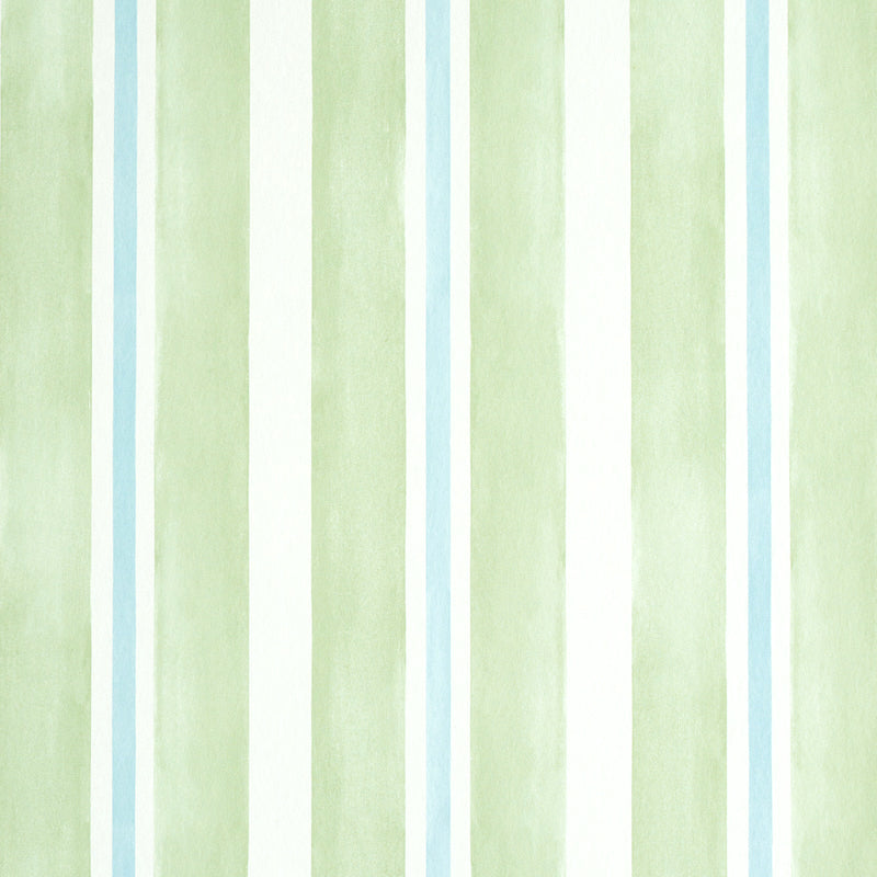 Watercolor Stripe wallpaper in Leaf by Schumacher features hand-painted, soft green and blue stripes for a fresh, modern look.
