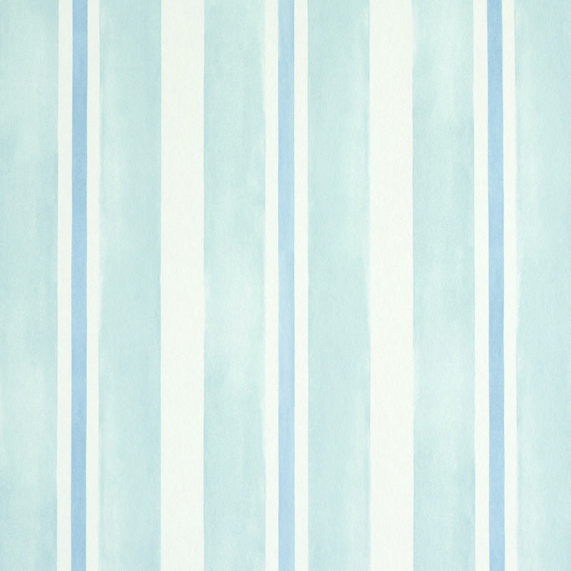 Watercolor Stripe Mineral wallpaper by Schumacher features hand-painted, blue and white vertical stripes in a soft, watercolor effect.
