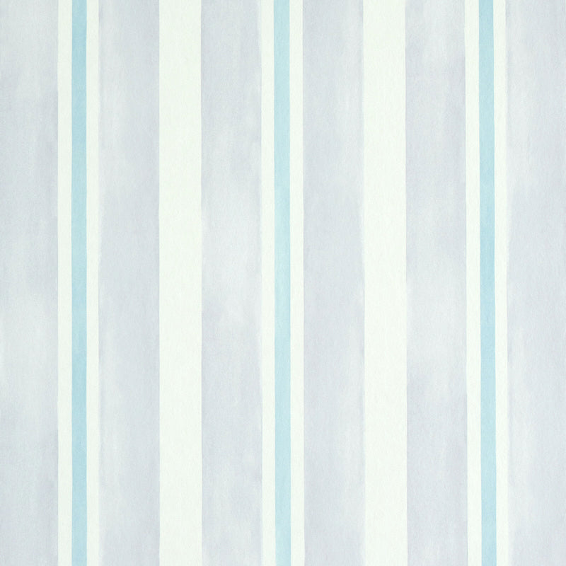 Watercolor Stripe wallpaper in lavender by Schumacher, featuring hand-painted vertical stripes in a soft, two-tone design.