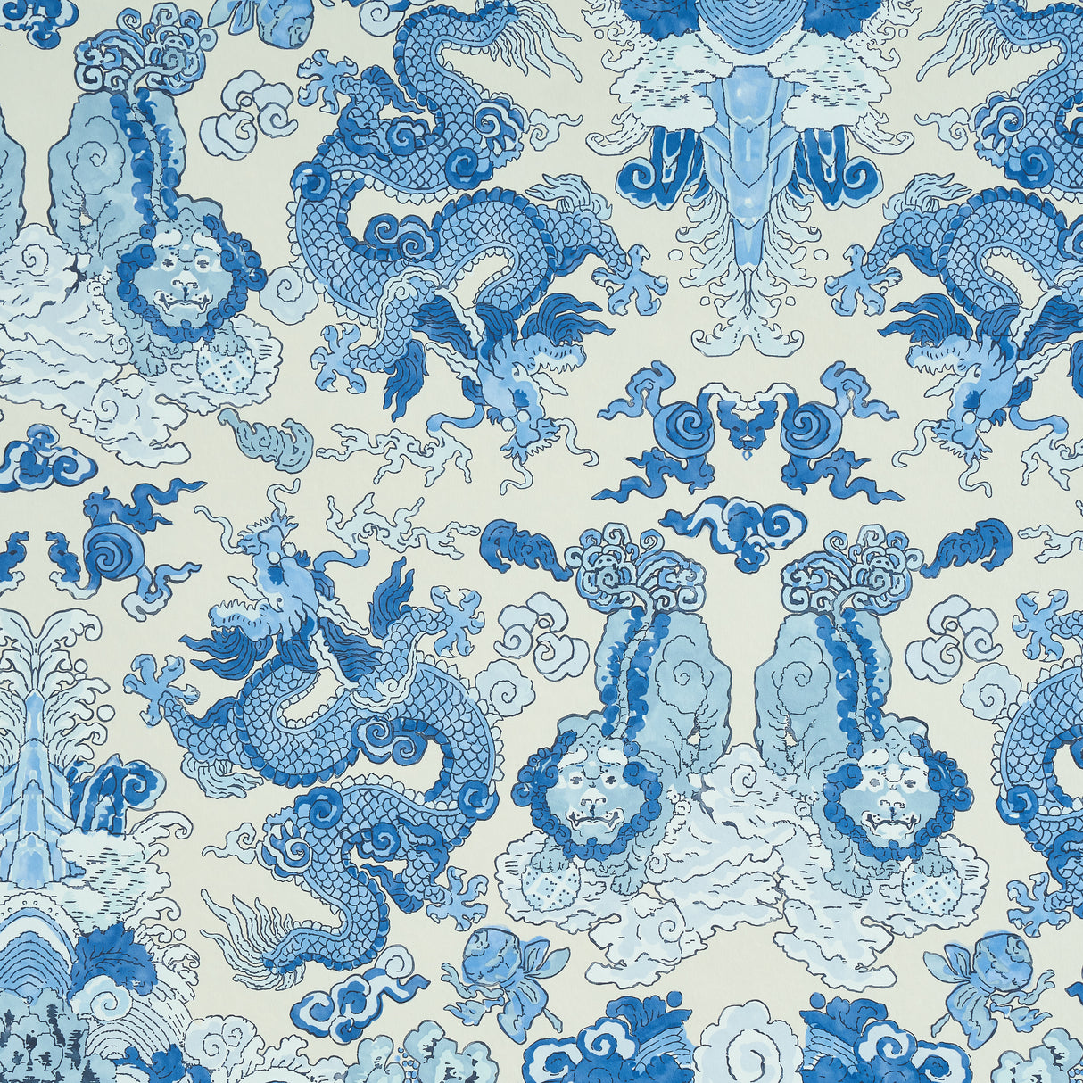 Blue and white wallpaper featuring dragons and foo dogs in a symmetrical, adventurous design. MAGIC MOUNTAIN DRAGON by Schumacher.