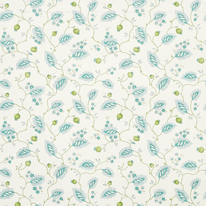 Maryam Vine wallpaper in Peacock by Schumacher, featuring a trailing vine and floral pattern in blue and green on a light background.