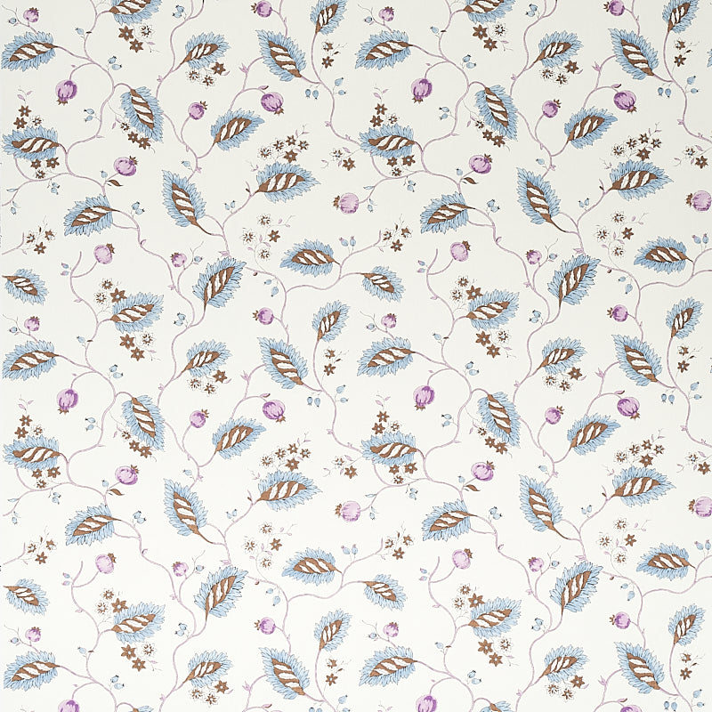 Maryam Vine wallpaper in Sky & Plum by Schumacher, featuring a delicate floral vine pattern with blue, plum, and brown accents on a light background.