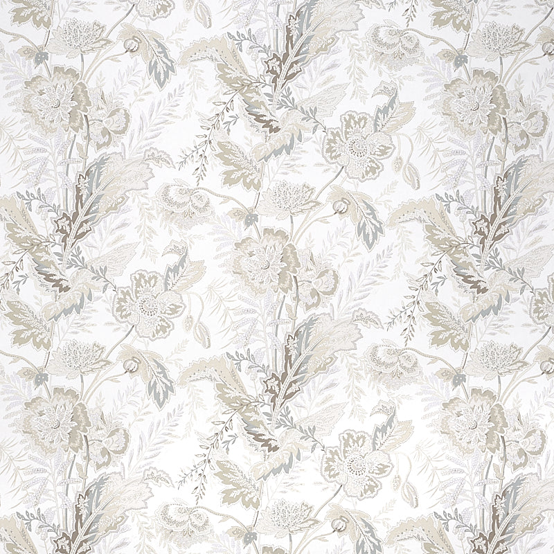 Sandoway Vine Linen by Schumacher, a delicate allover floral Indienne print wallpaper in neutral tones.