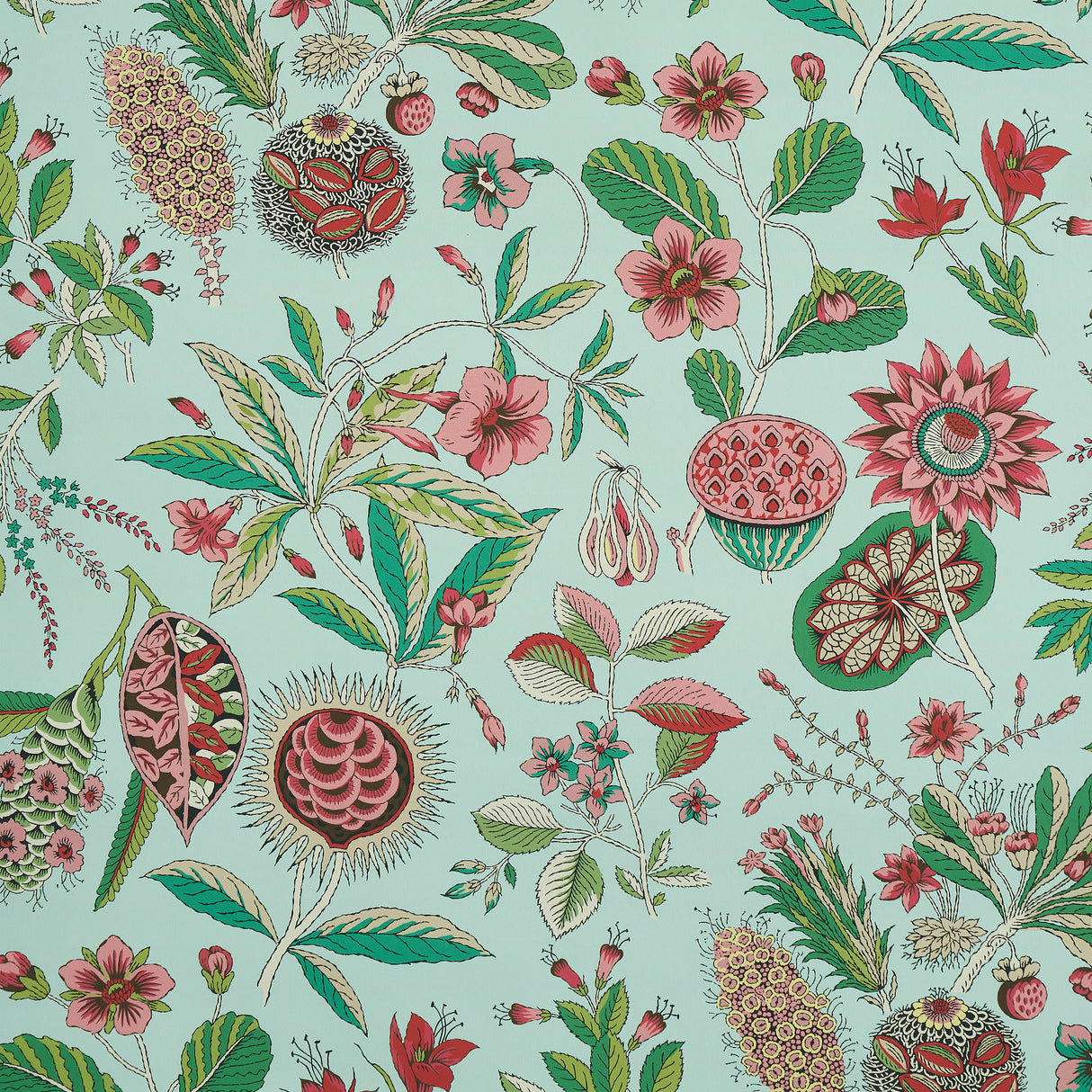 Fantastical floral and botanical wallpaper in mineral and pink on a light background, inspired by an 18th-century French document, by Schumacher.