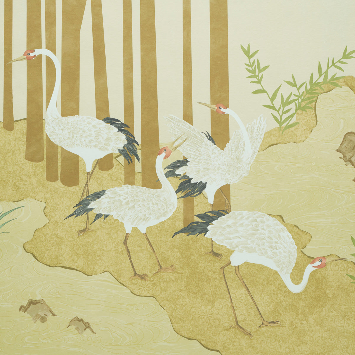 Yashinoki Crane Panel Set Gold by Schumacher Japanese Crane Mural Wallpaper – Schumacher 5011700