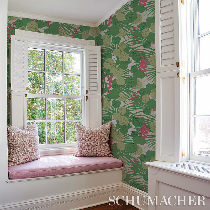 Sea Grapes Tropical Botanical Wallpaper Greens Schumacher 5011731 – Perennial Favorites Collection