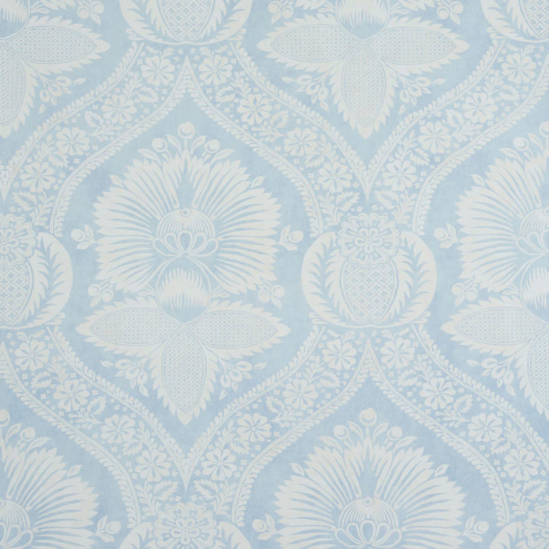Villandry Damask Print wallpaper in blue and white, featuring a stylized damask pattern inspired by French country estates.