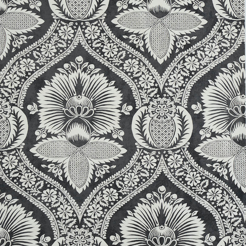 Villandry Damask Print wallpaper in black and white by Schumacher, featuring a stylized damask pattern inspired by French country estates.