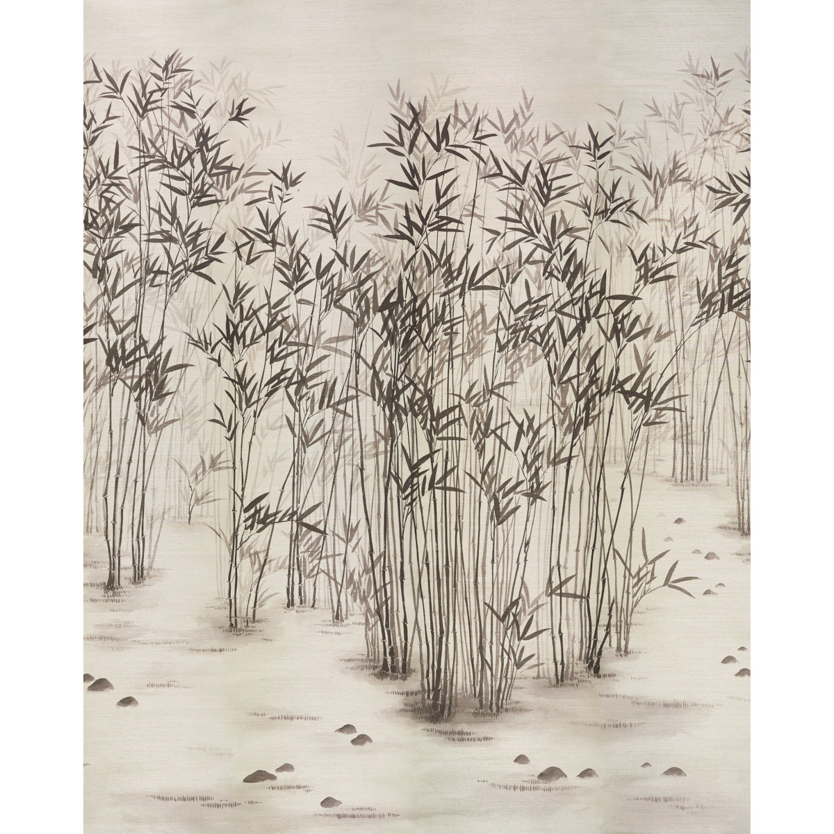 Kanji Sisal Panel Set wallpaper featuring an ink-style bamboo motif inspired by Japanese brush painting, in neutral tones on a textured surface.