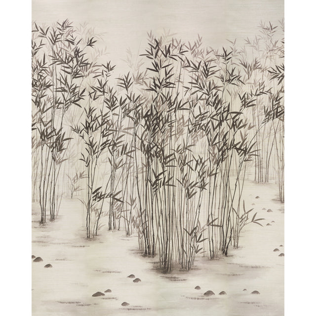 Kanji Sisal Panel Set wallpaper featuring an ink-style bamboo motif inspired by Japanese brush painting, in neutral tones on a textured surface.