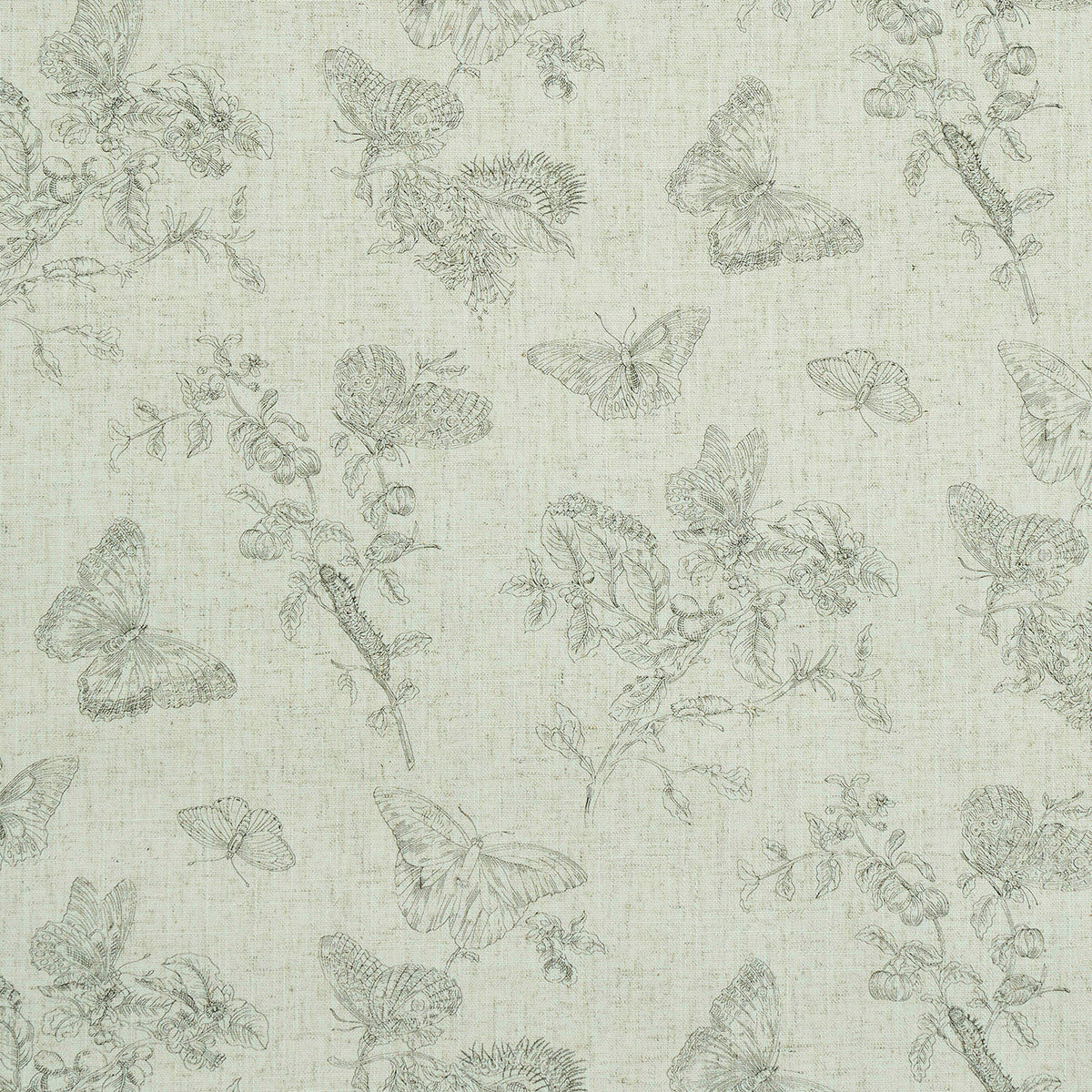 Baudin Butterfly Linen fabric with black outlined butterflies and botanical illustrations on a natural linen ground.