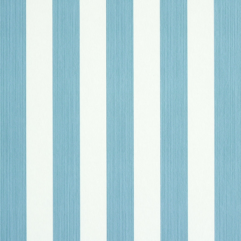 Edwin Stripe Medium wallpaper in Slate by Schumacher, featuring classic vertical blue and white stripes, shown in styled and detail views.