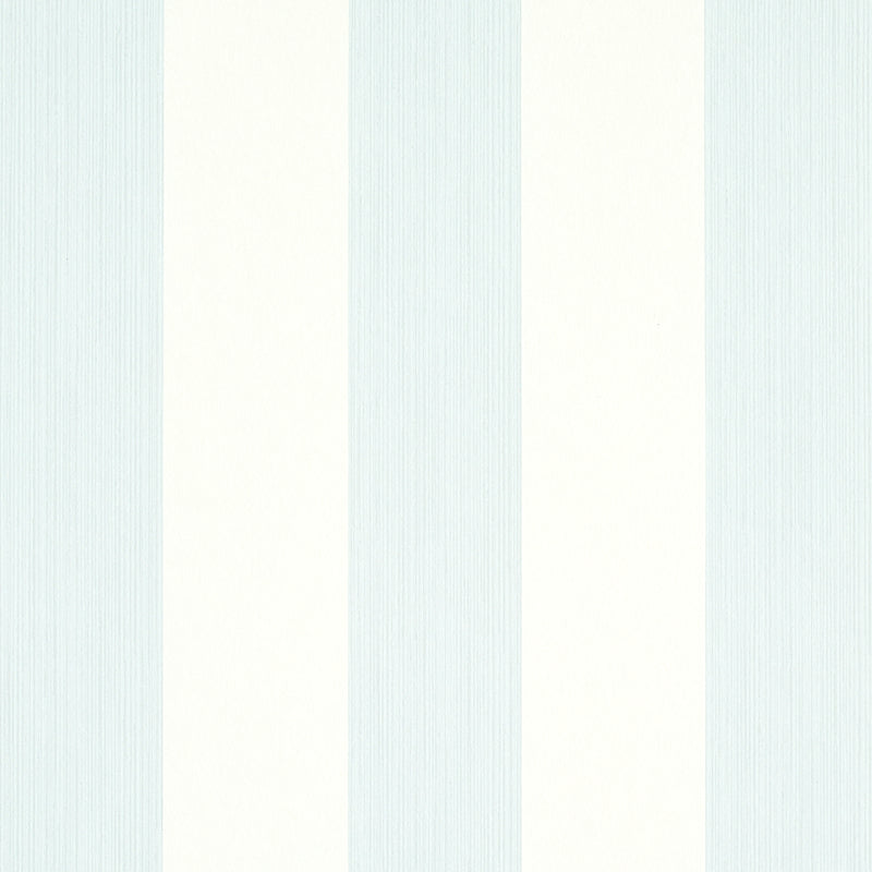 Edwin Stripe Wide wallpaper in Sky by Schumacher, featuring wide vertical blue and white stripes with subtle texture.