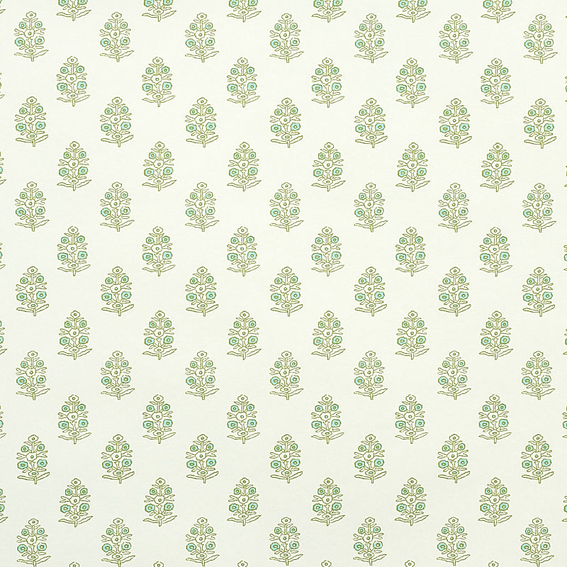 Aditi Green by Schumacher - Petite stylized floral wallpaper with hand-blocked print effect, shown in a room and close-up details.