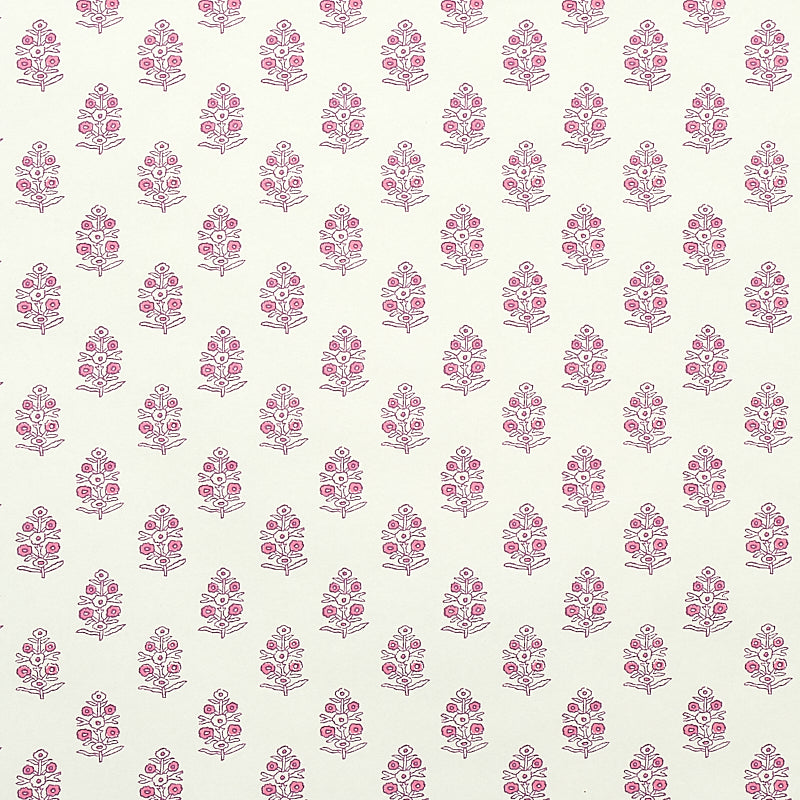 Aditi Pink by Schumacher, a petite stylized floral wallpaper with hand-blocked print effect on a light background.
