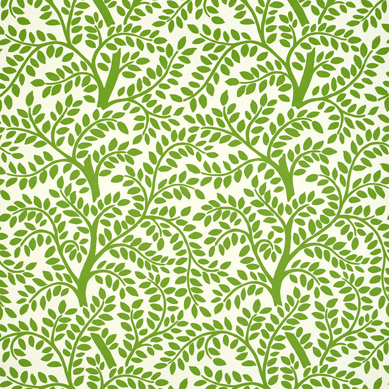 TEMPLE GARDEN II green botanical wallpaper with whimsical leafy tree pattern by Schumacher, shown in a kitchen interior.