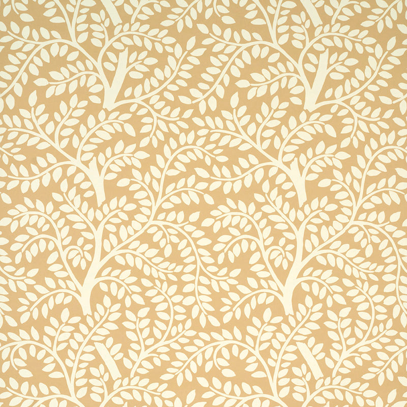 Sand and white botanical vine pattern wallpaper, Schumacher Temple Garden II, shown in a kitchen setting and close-up details.