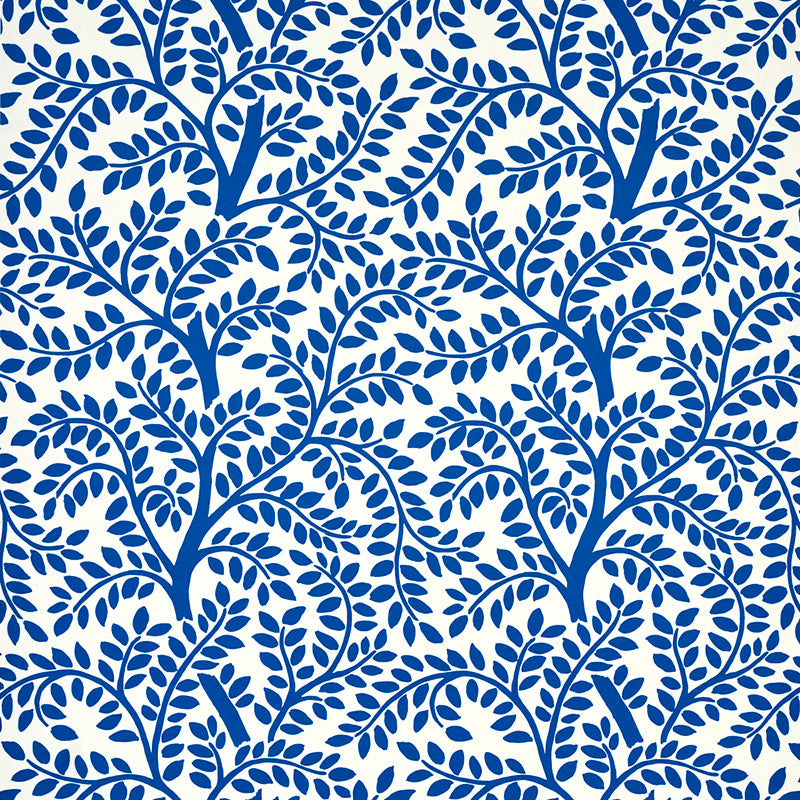 Blue and white botanical wallpaper with whimsical leafy branches, Schumacher TEMPLE GARDEN II.