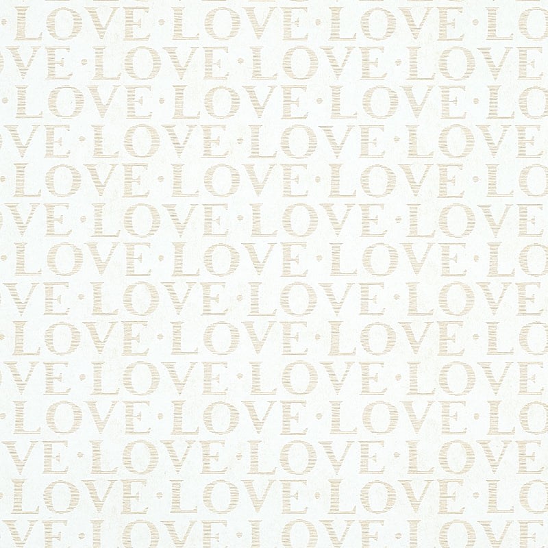 A LOVE SUPREME wallpaper by Schumacher featuring a repeating LOVE motif in neutral tones, inspired by woven fabric.