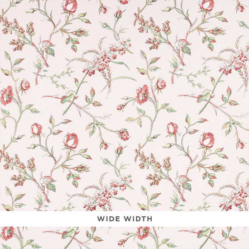 Beluze Blush by Schumacher - a wide-width floral wallpaper featuring scattered roses in pink and green on a blush background.