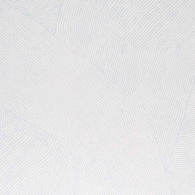 Burnett Sky by Schumacher - painterly abstract wave pattern wallpaper in blue and white, shown in detail and styled interior.