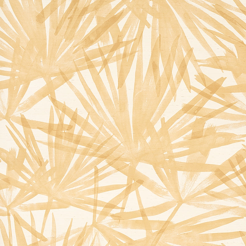 Sunlit Palm Sisal wallpaper in Wheat by Schumacher, featuring a watercolor palm leaf design in warm beige tones.
