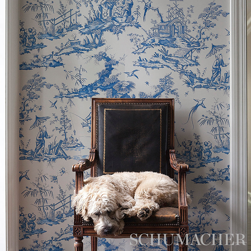 Shengyou Toile Blue Scenic Toile Wallpaper by Schumacher – 5012052