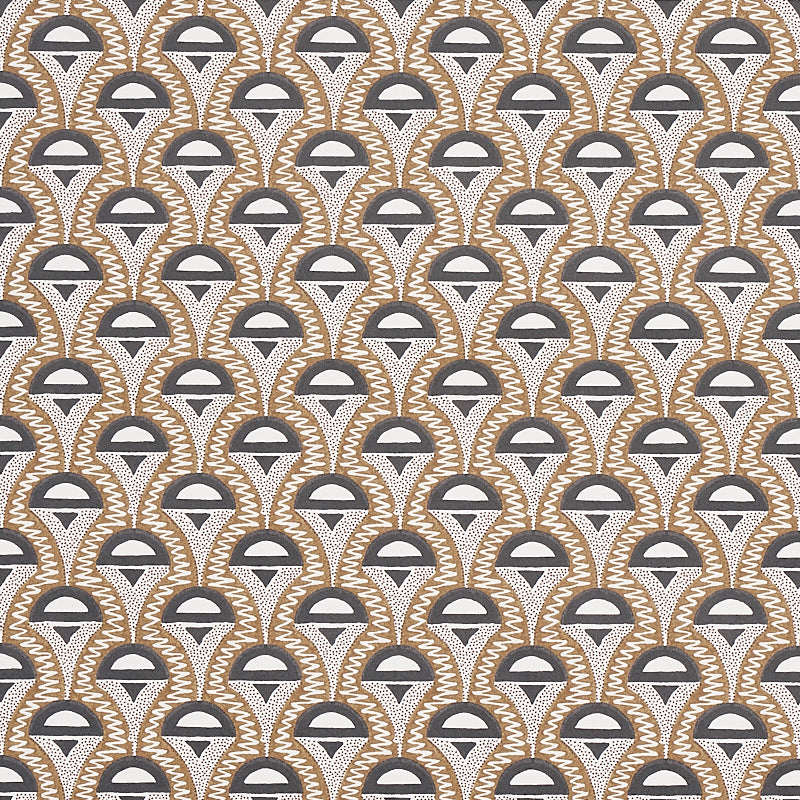 Abelino camel and black Art Deco geometric wallpaper with hand-drawn zigzags and dots, shown in a styled bedroom setting.