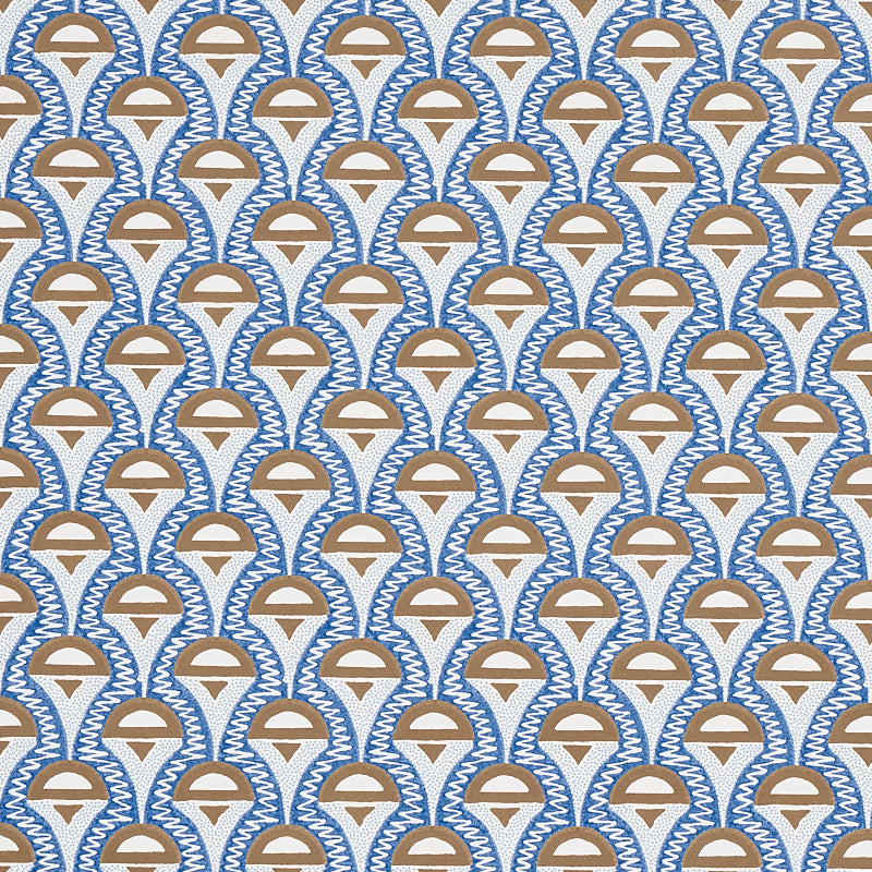 Abelino blue and brown geometric Art Deco wallpaper from Schumacher's Copacabana collection, shown in a styled bedroom setting.