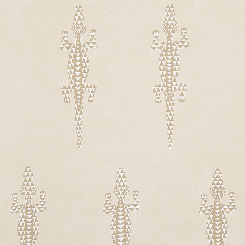 Baracoa neutral wallpaper with graphic climbing geckos and mottled stucco-like texture by Schumacher